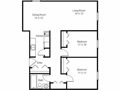A floor plan of a small apartment with a kitchen, two bathrooms, and two bedrooms.